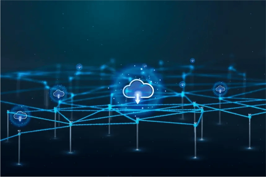 Imagen que representa de manera gráfica el almacenamiento en la nube con conexiones de color azul